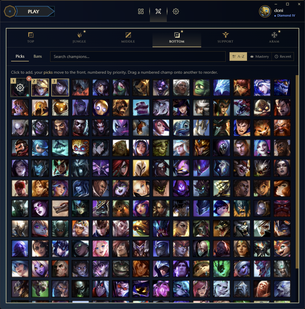 queuePop champion select, pick list with numbered priority order per role