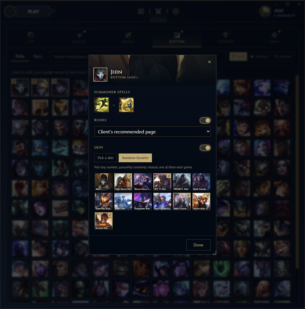 queuePop per-champion loadout editor, summoner spells, runes, and skin selection