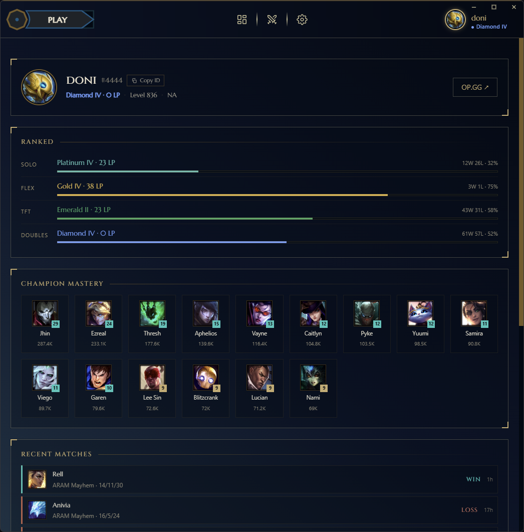 queuePop profile, live rank, champion mastery, and recent match history