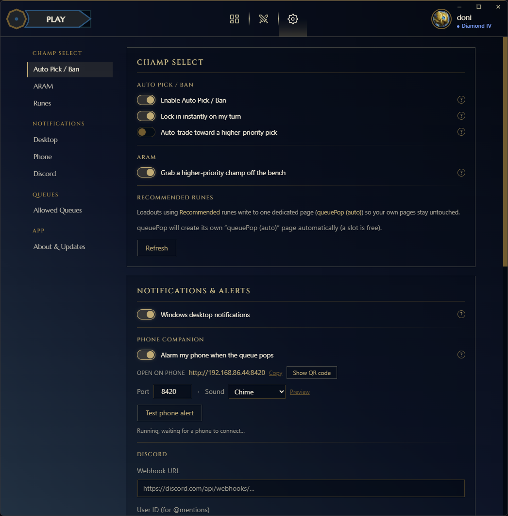 queuePop settings, auto pick/ban toggles, phone companion, and Discord webhook